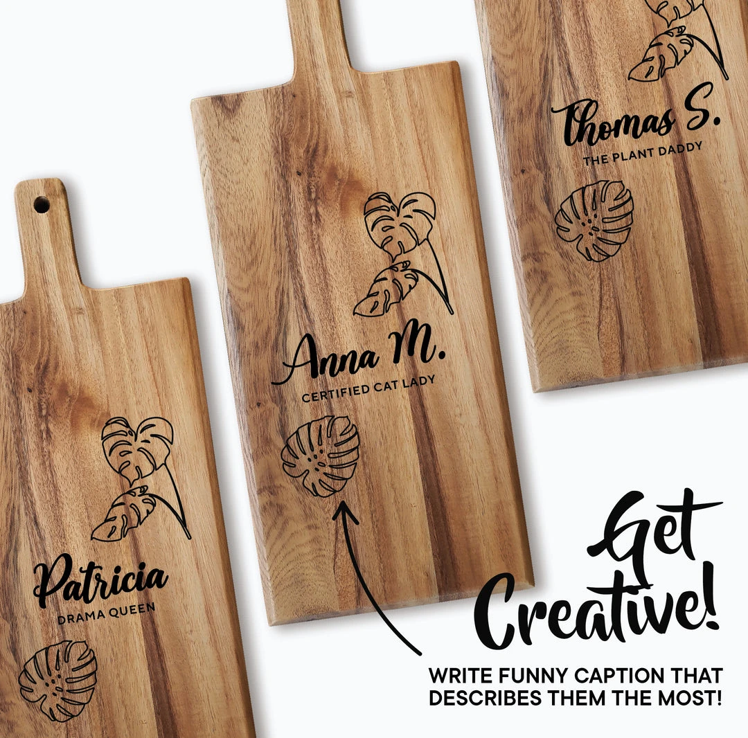 Yellow Octopus Personalised Personalised Acacia Paddle Serving Board - Monstera Design Gifts For Sisters 4 Yellow Octopus Personalised Personalised Acacia Paddle Serving Board - Monstera Design Gifts For Sisters