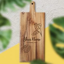 Yellow Octopus Personalised Personalised Acacia Paddle Serving Board - Monstera Design Gifts For Sisters