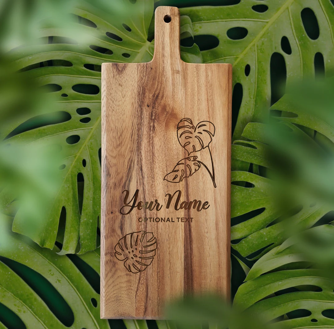 Yellow Octopus Personalised Personalised Acacia Paddle Serving Board - Monstera Design Gifts For Sisters 5 Yellow Octopus Personalised Personalised Acacia Paddle Serving Board - Monstera Design Gifts For Sisters