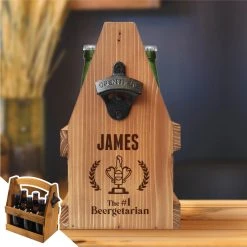 Yellow Octopus Personalised Sports And Outdoors Personalised Retro Wooden Beer Caddy With Bottle Opener - Beergetarian