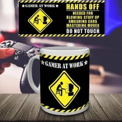Impact Posters Mens Novelty Gifts Gamer At Work - Hands Off! Mug