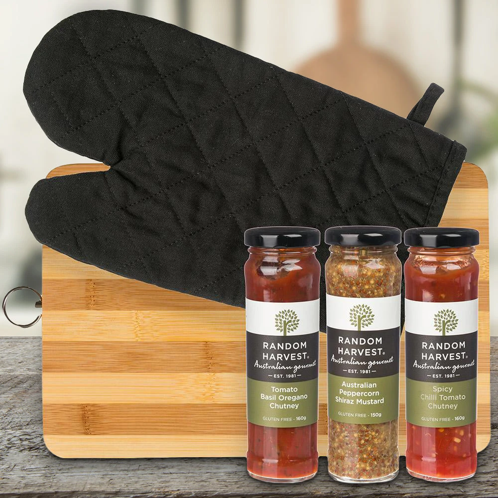 Random Harvest BBQ Bread Board & Sauces Gift Set 3 Random Harvest BBQ Bread Board & Sauces Gift Set